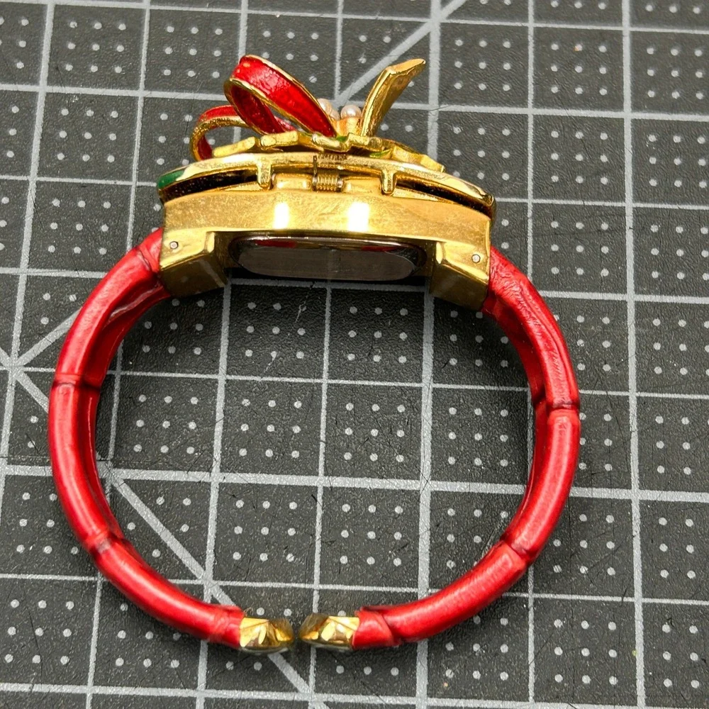 KESSARIS Gold Tone Christmas Holly Bow Quartz Watch Red Cuff‎ Band